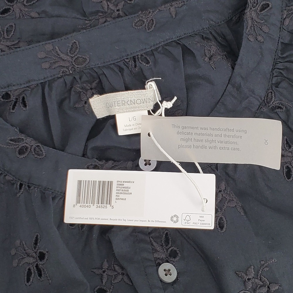 Outerknown Poet Blouse Women Large Black 100% Organic Cotton Eyelet Button Front - Picture 5 of 8